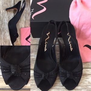 Nina Black Sling-Back Pumps w/rhinestones, 7.5